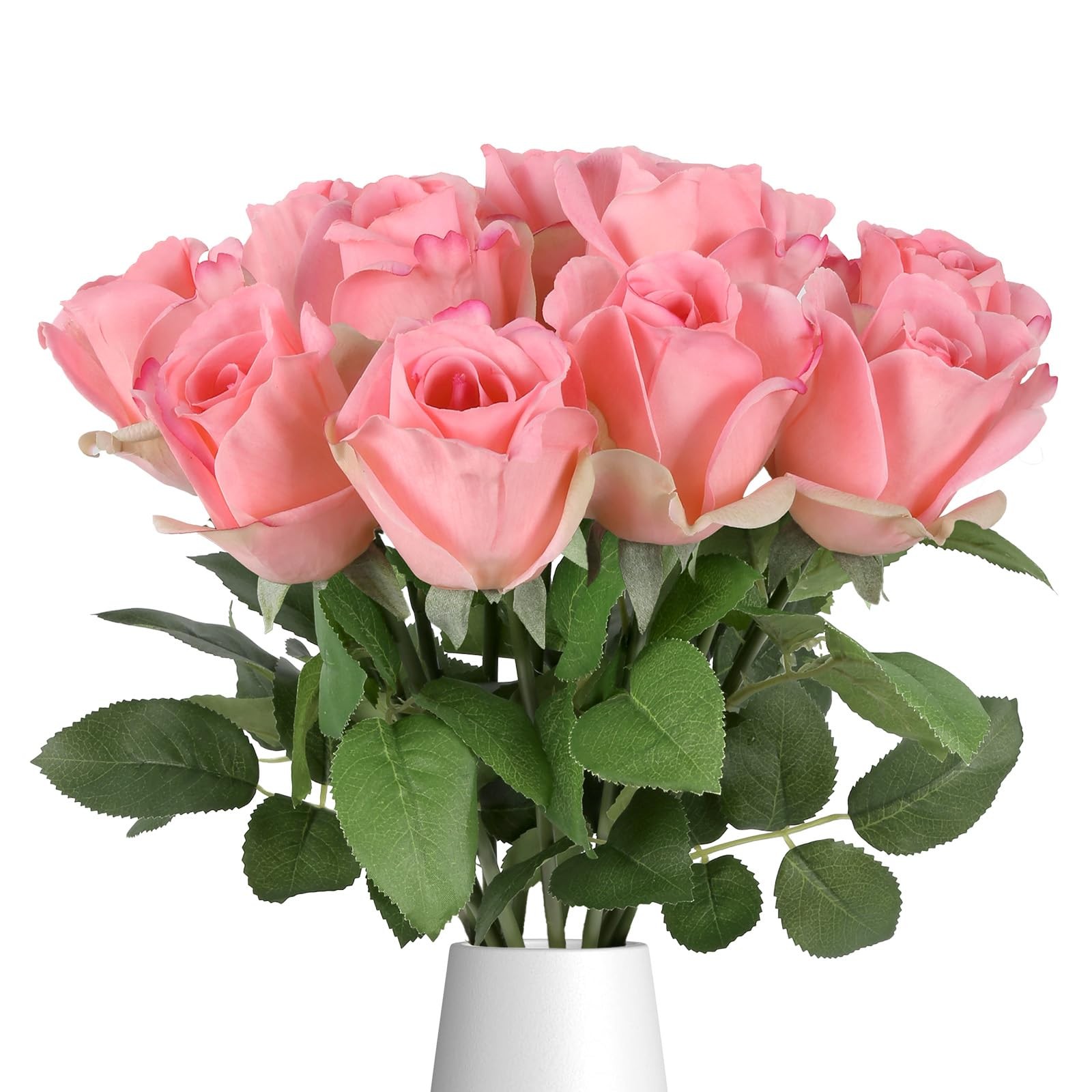 12PCS 22″ Pink Real Touch Roses Artificial Flowers Realistic Rose Long Stem R…