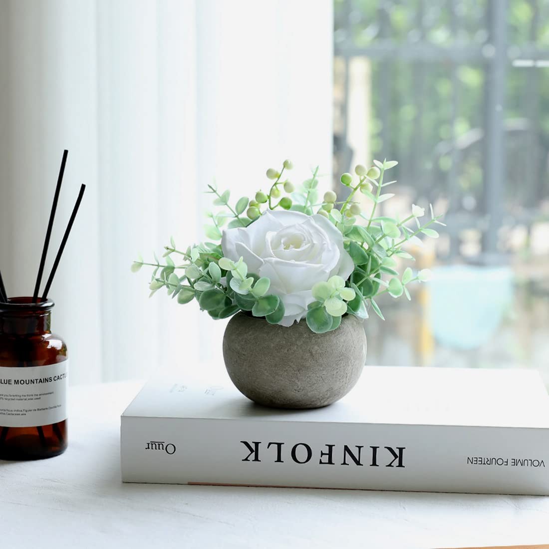 Small Artificial White Rose Potted Plant 6 Inch Fake Silk Flower 3.5 Inch Pot