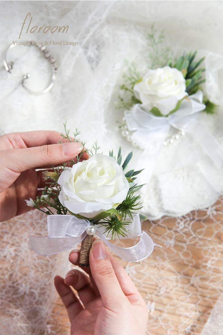 Ivory Rose Wrist Corsage and Boutonniere Set for Weddings and Proms