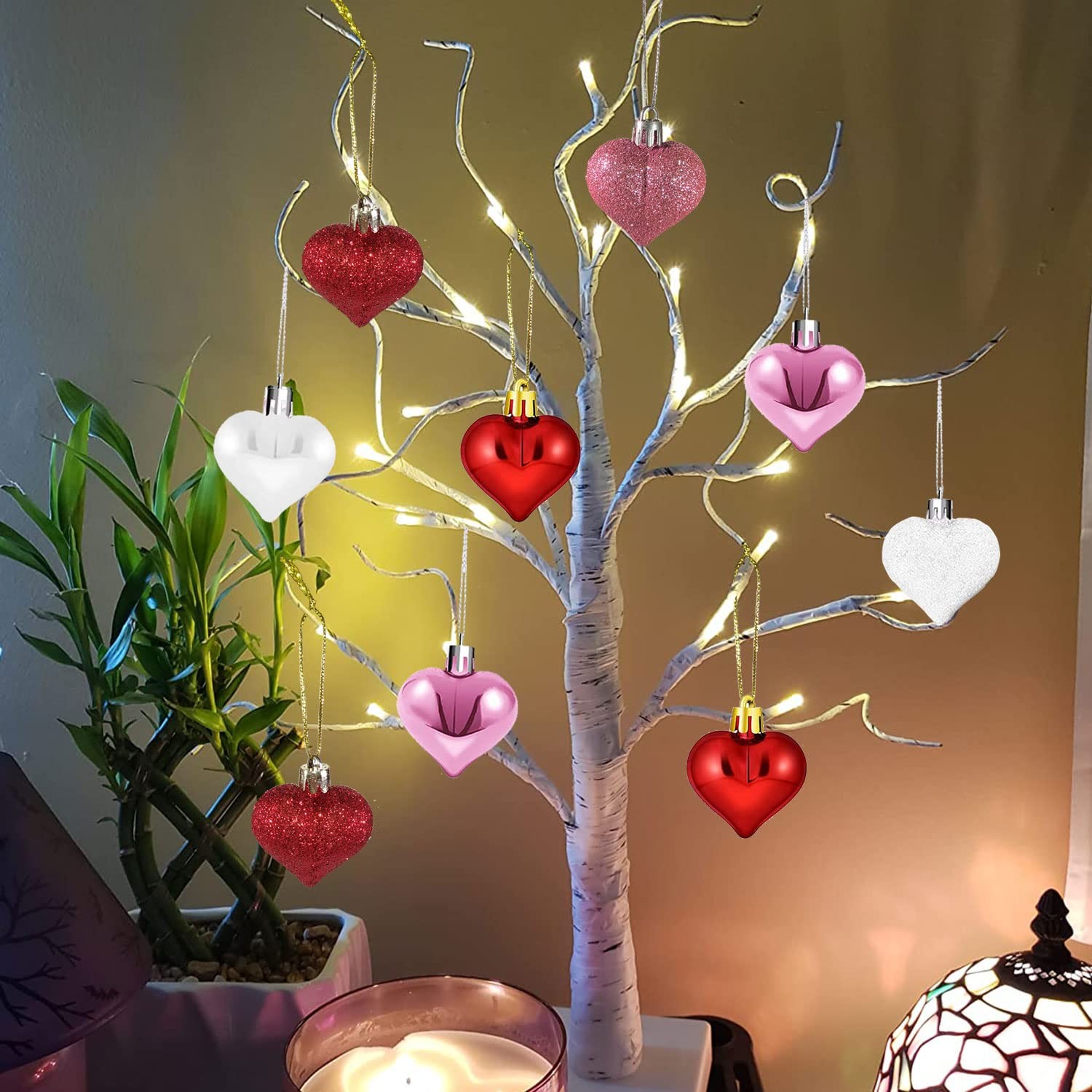 24 Inch Valentine Lighted Birch Tree Centerpiece Table 12 PCS Heart Ornament