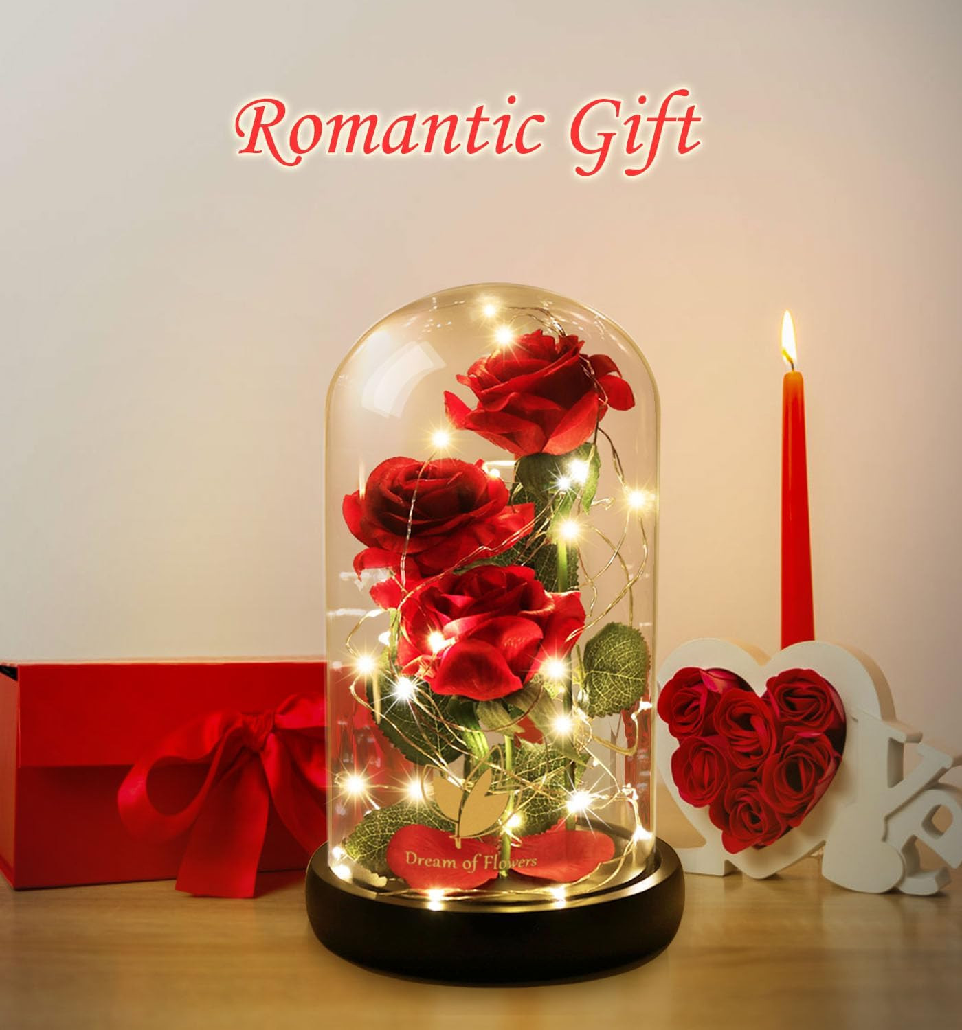 Christmas Flower Gifts for Women,Beauty and the Beast Rose in Glass Dome with 2