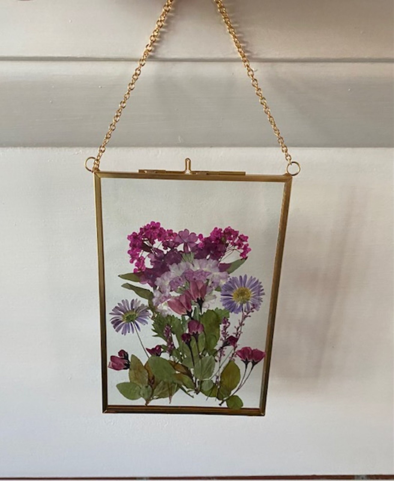 Handmade pressed real dried flowers in brass double glass floating frame