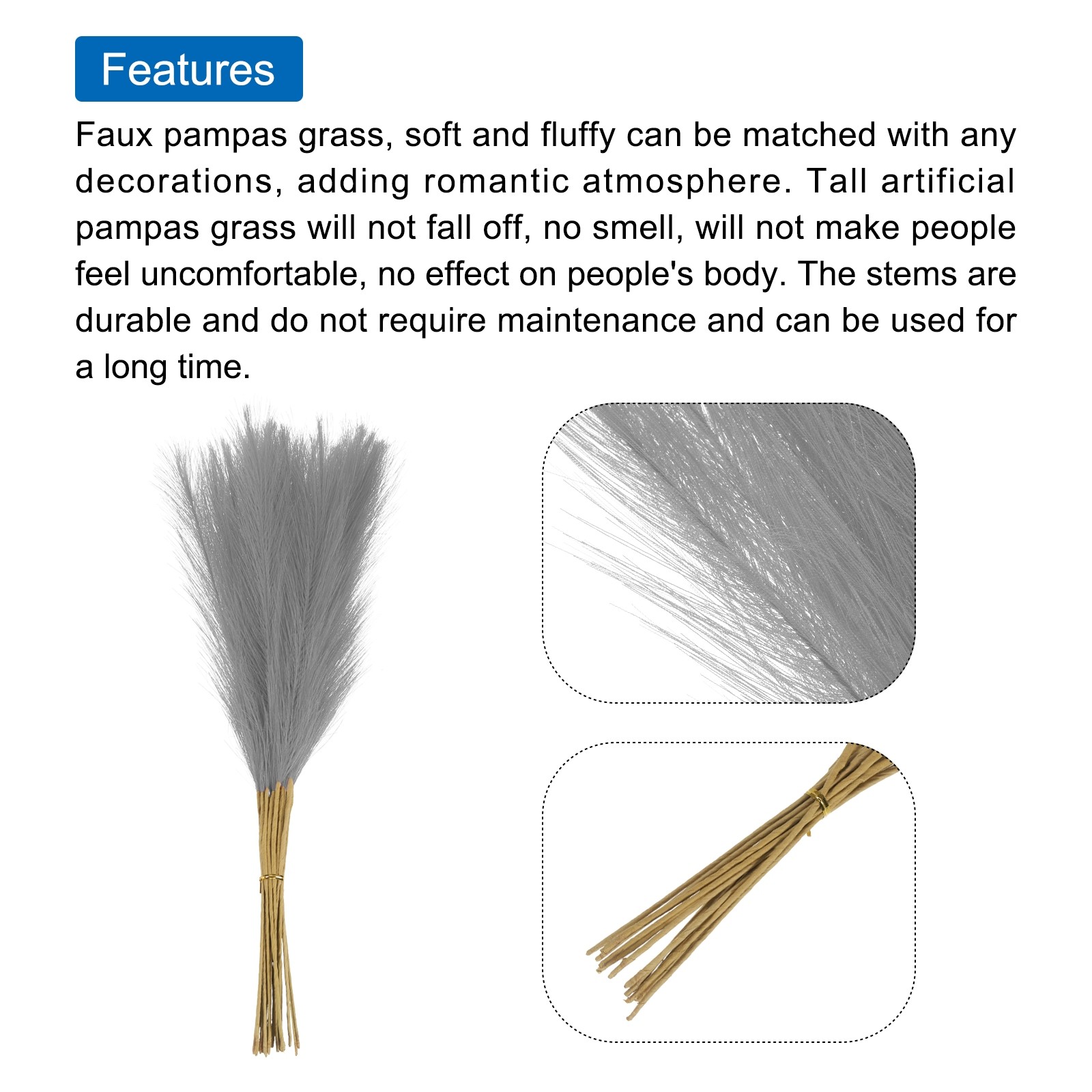 20 Pcs Light Gray Faux Pampas Grass 21″/55cm Fake Pampas Grass Decor