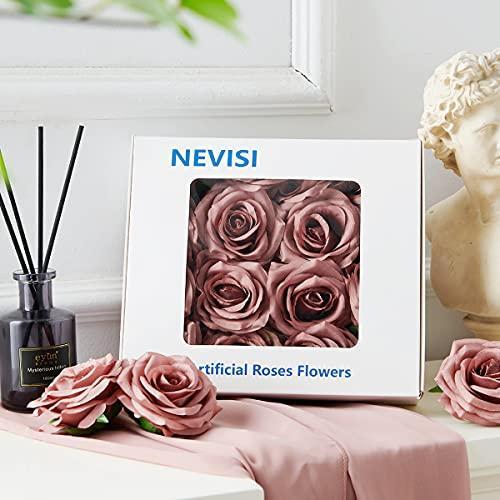 NEVISI Dusty Rose Artificial Flowers Fake Roses Silk Roses 16Pcs Real Looking