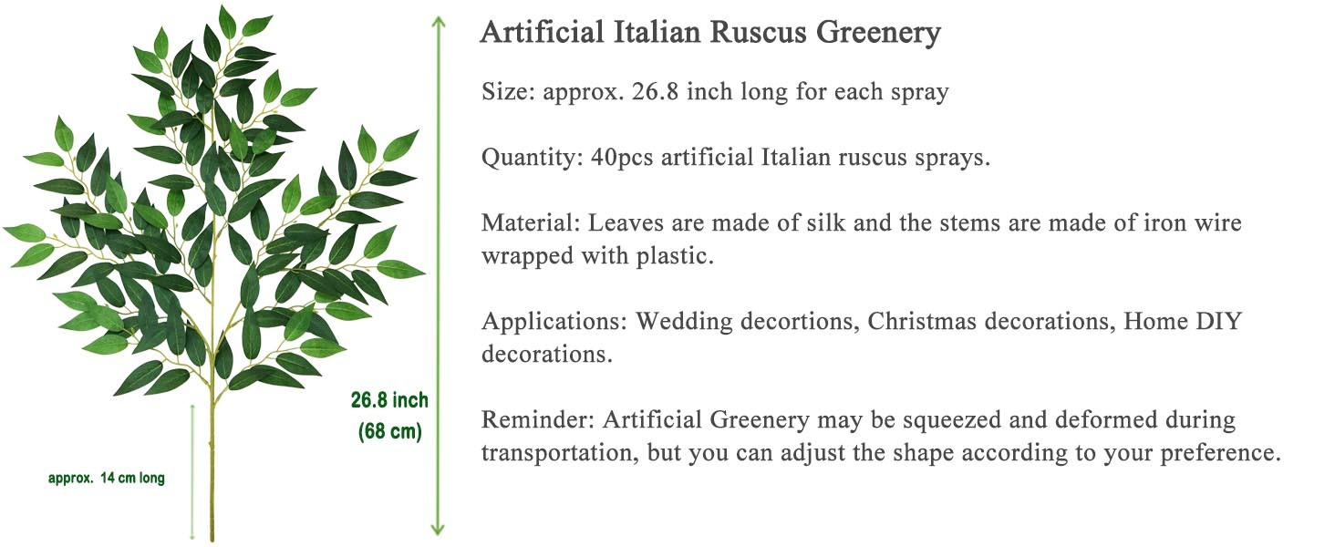 40pcs Italian Ruscus Greenery 68cm Artificial Greenery Stems Leaf Greenery