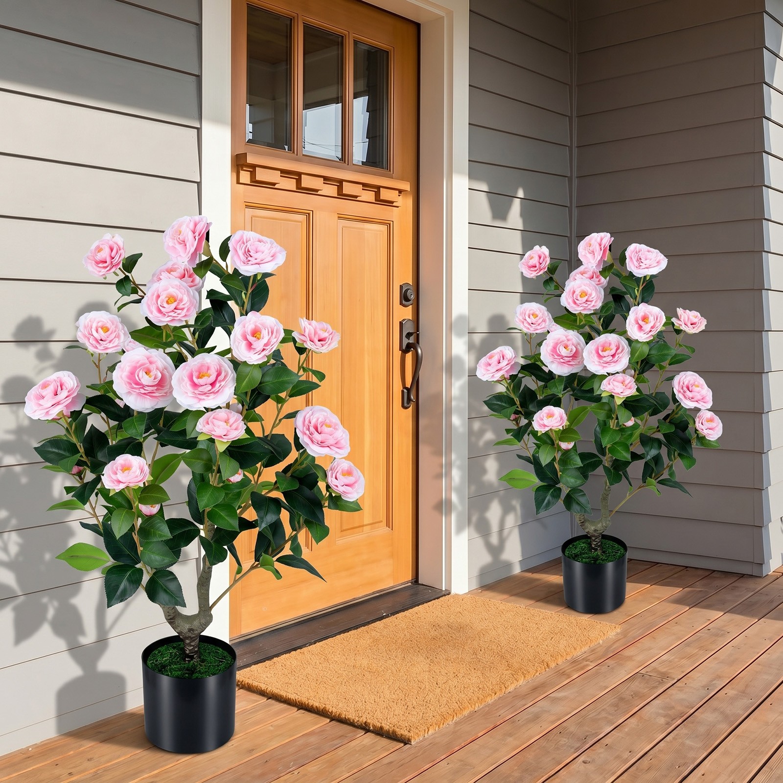 Artificial Camellia Tree, Faux Flower Plant in Cement-Filled Pot, Indoor Outdoor