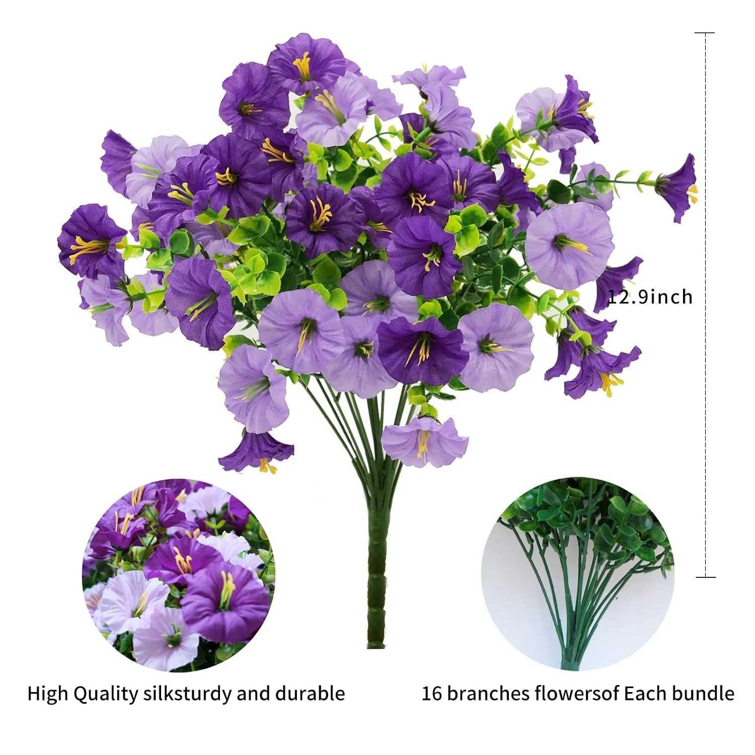 Artificial Fake Outdoor Flowers for Spring Summer Decor, 3 Bundles Faux Purple B