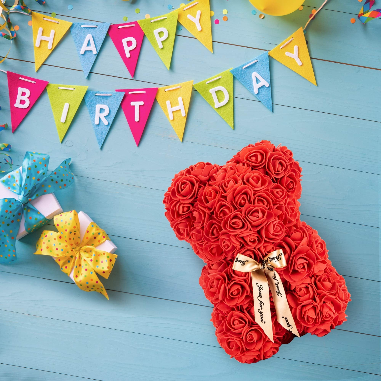 Rose Bear Teddy with Ribbon – 10” Flower Bear 300 Artificial Roses Gift for Her