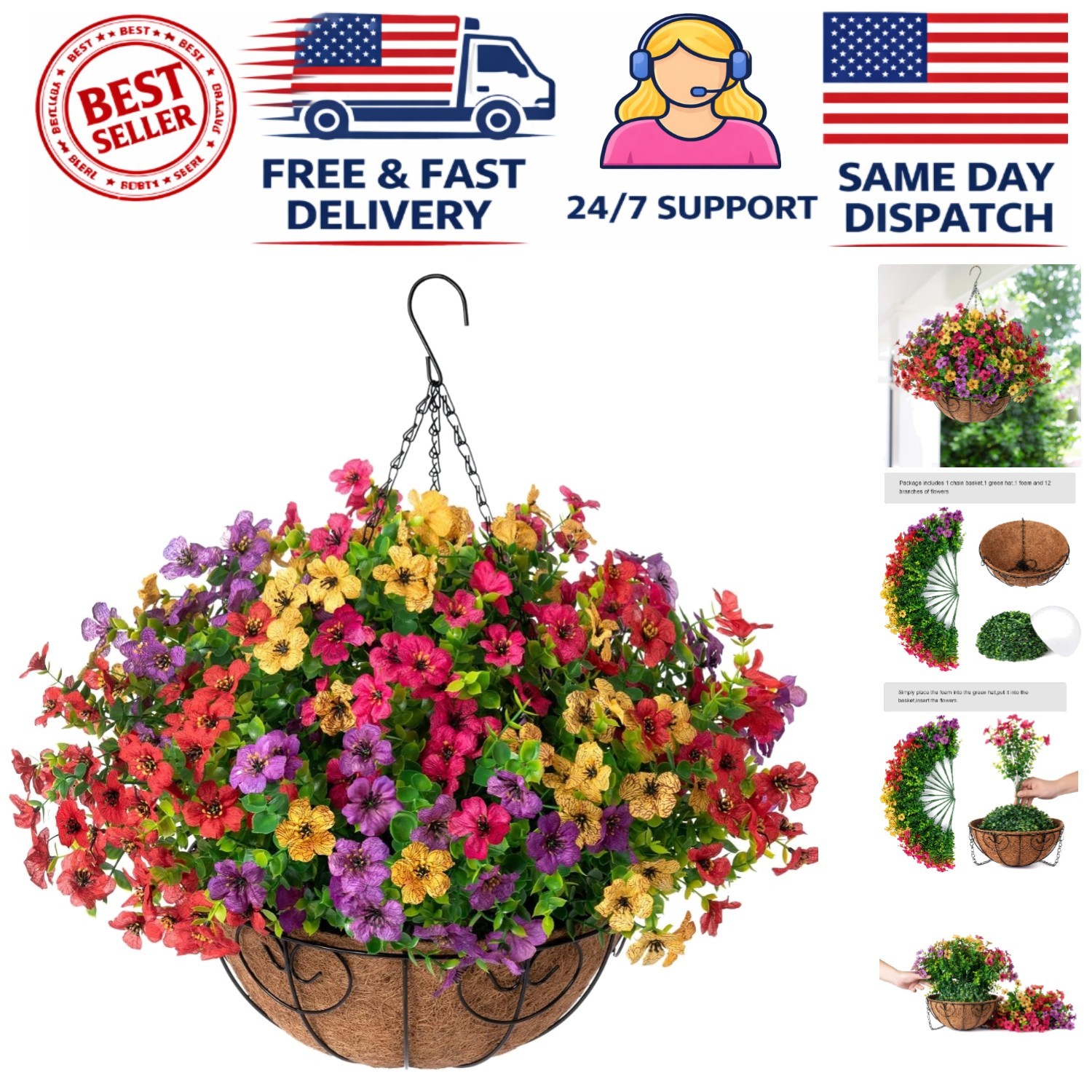 Elegant UV-Resistant Faux Flower Hanging Basket – Lifelike Daisy & Eucalyptus