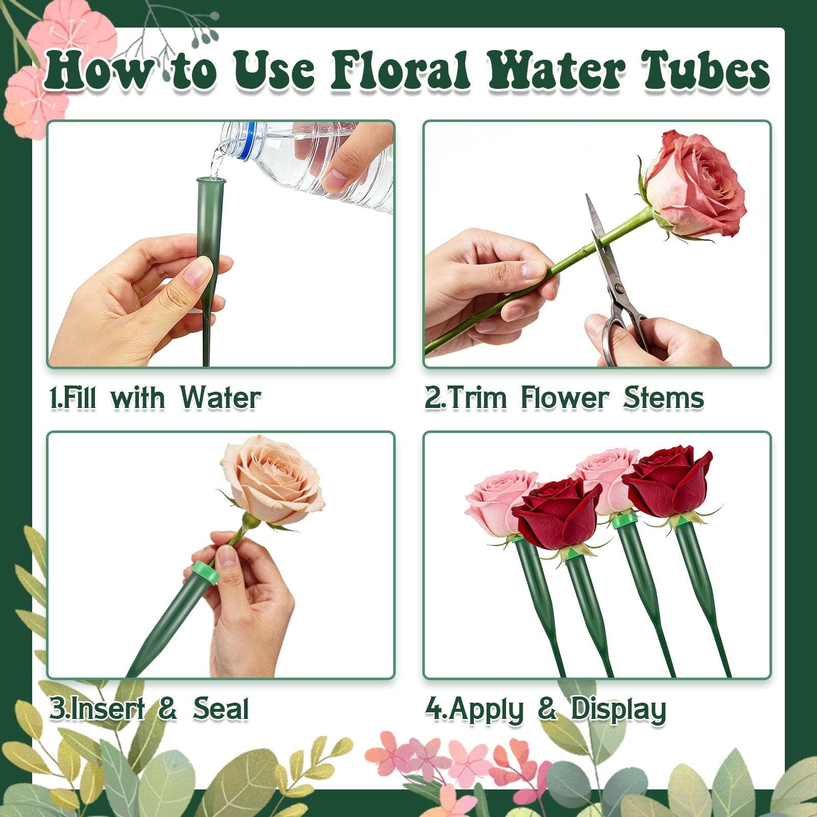 120 PCS Floral Water Tubes,12 Inch Green Flower Stem Water Vials with Rubber …
