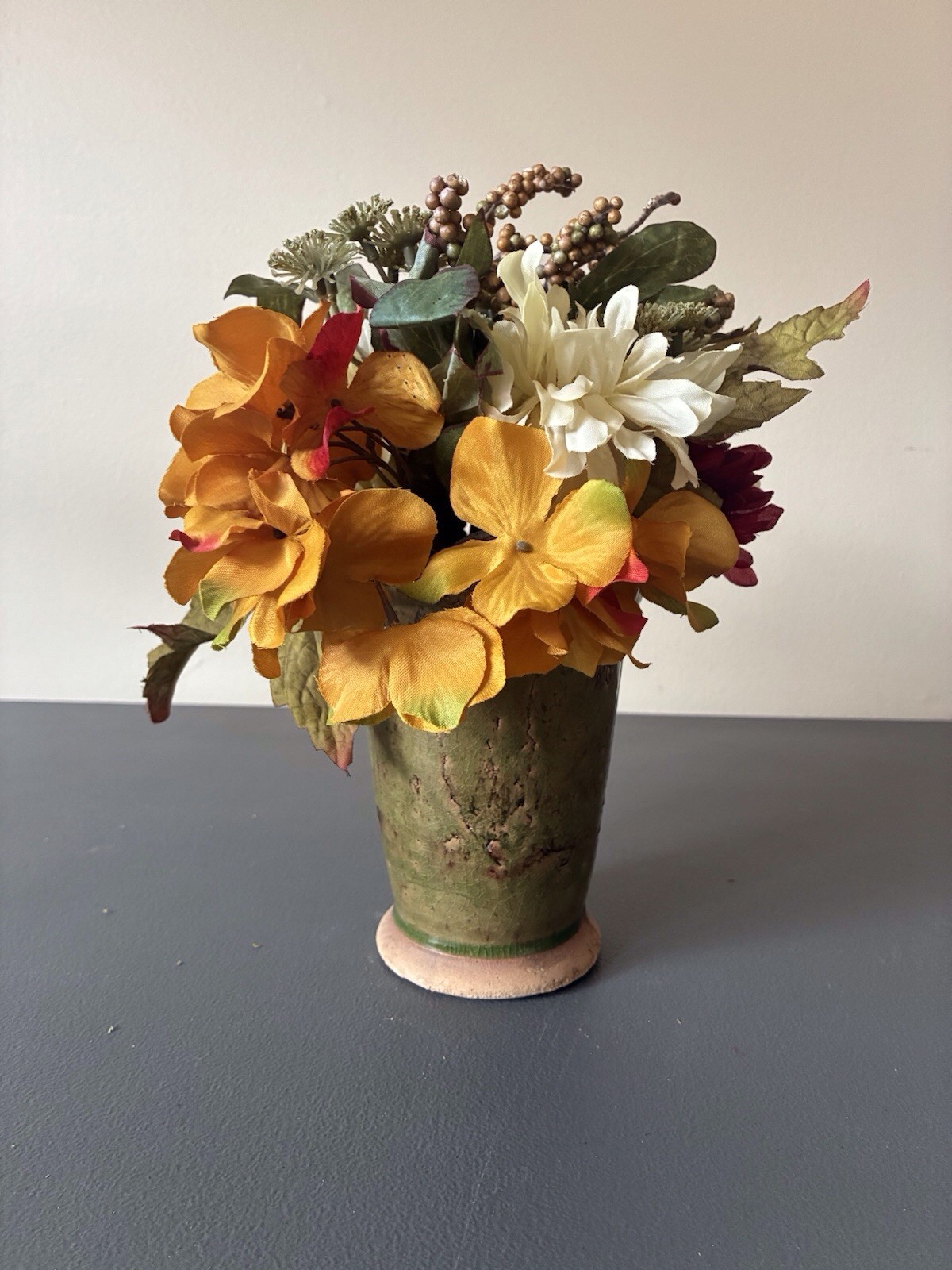 Multicolored ARTIFICIAL FLOWER ARRANGEMENT In Green Ceramic VASE