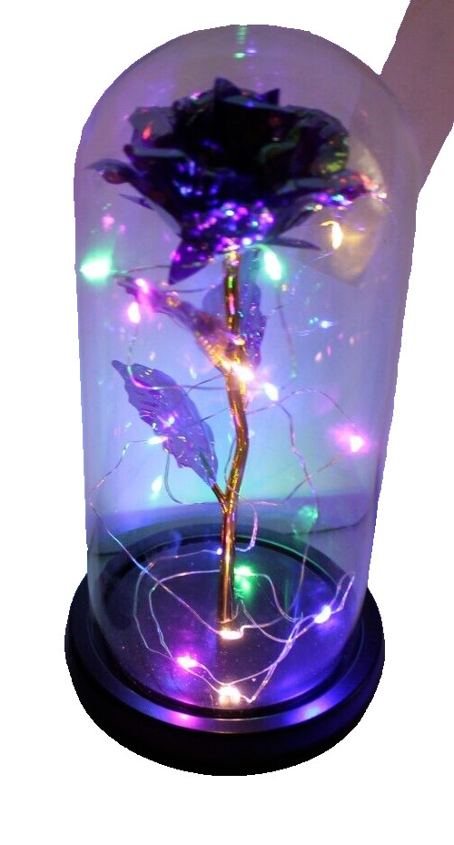 Blue Eternal Rose w LED Lights in Glass Dome Mothers Valentines Anniversary Gift