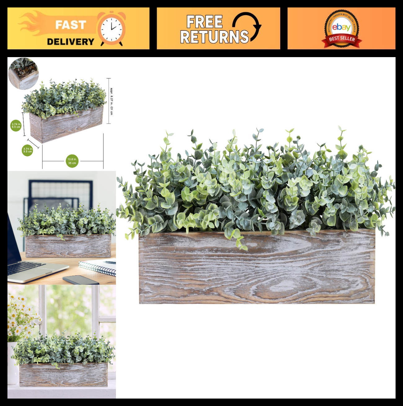 14″ Faux Eucalyptus Plant in Rustic Wooden Planter Box – Home Wedding Centerpiec