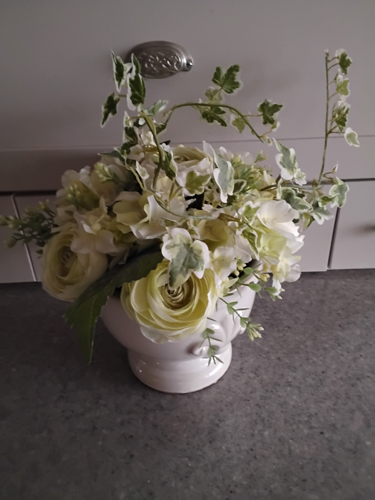White on White Artificial Roses & Hydrangeas with Greens in Ceramic Cream Pot