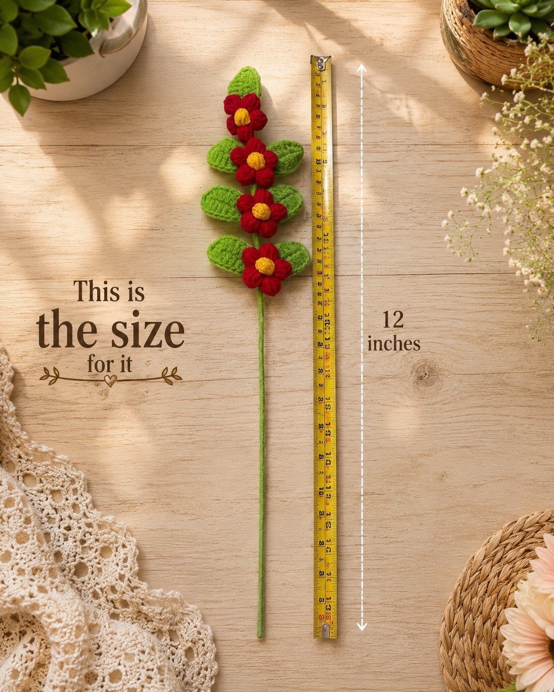 Handmade Crochet Red Flower Stem Forever Flower Home Decor Gift Faux Floral