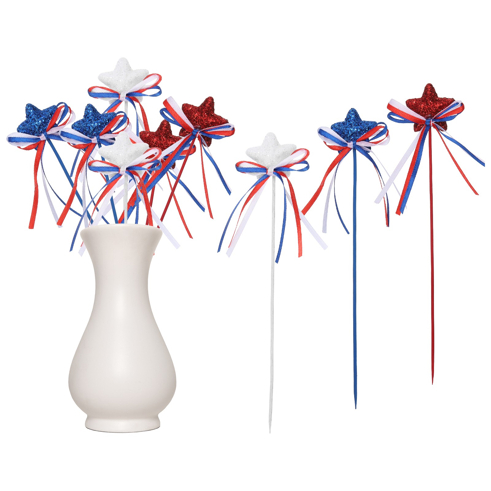 6 Pcs 8″ 4th of July Glitter Star Picks with Bowknot (White/Navy Blue/Red)