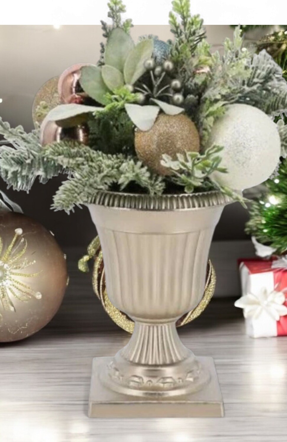 18” Pink Gold Pastel Lavender Christmas Floral Arrangement in Urn $60 Vase holi
