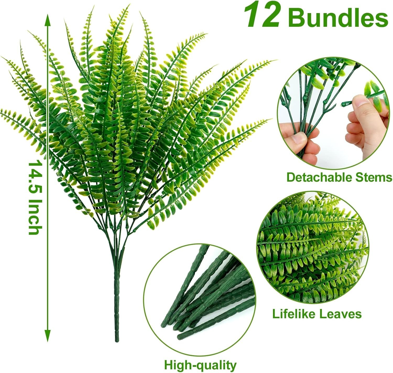 Decor 12 Bundles Artificial Boston Ferns Artificial Plants Outdoor Greenery Stem