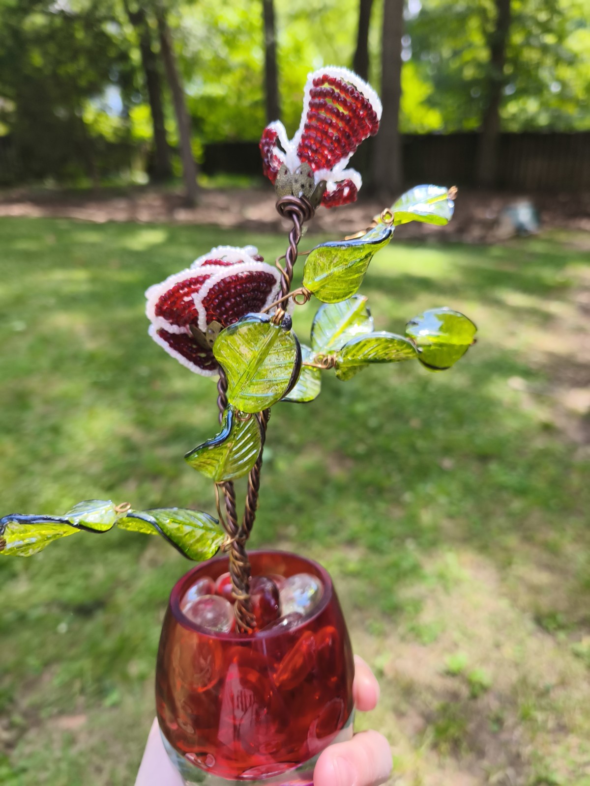 Vintage Handmade Beaded Rose Flower Arrangement Glass Vase Floral Decor