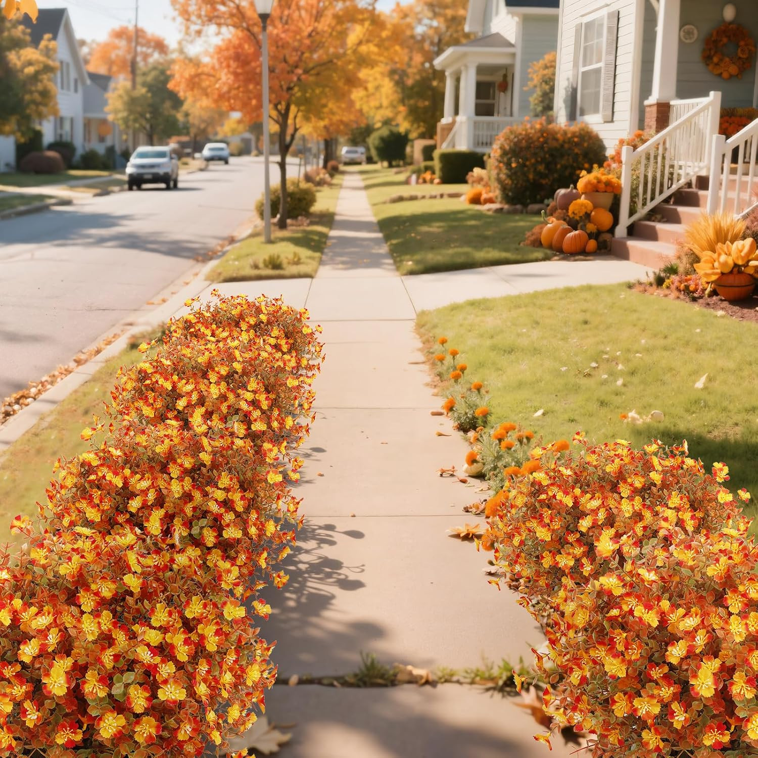 24 Bundles Artificial Silk Fall Flowers for Outdoors, Orange | Fake Mums Plants,