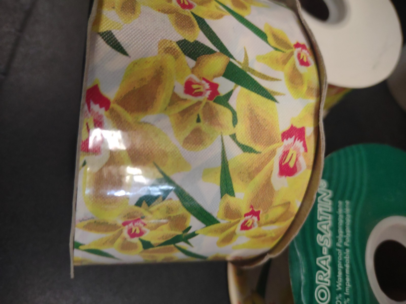50Yds Berwick Flora-Satin Orchid Ribbon, Yellow & White Cymbidium Orchids 2-3/8″