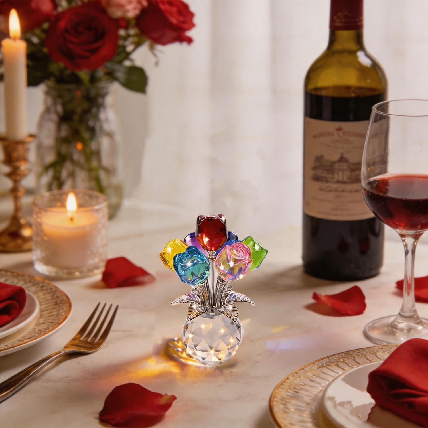 Crystal Roses Figurine with Round Vase, Glass Rose Crystal Flowers Bouquet, ,…