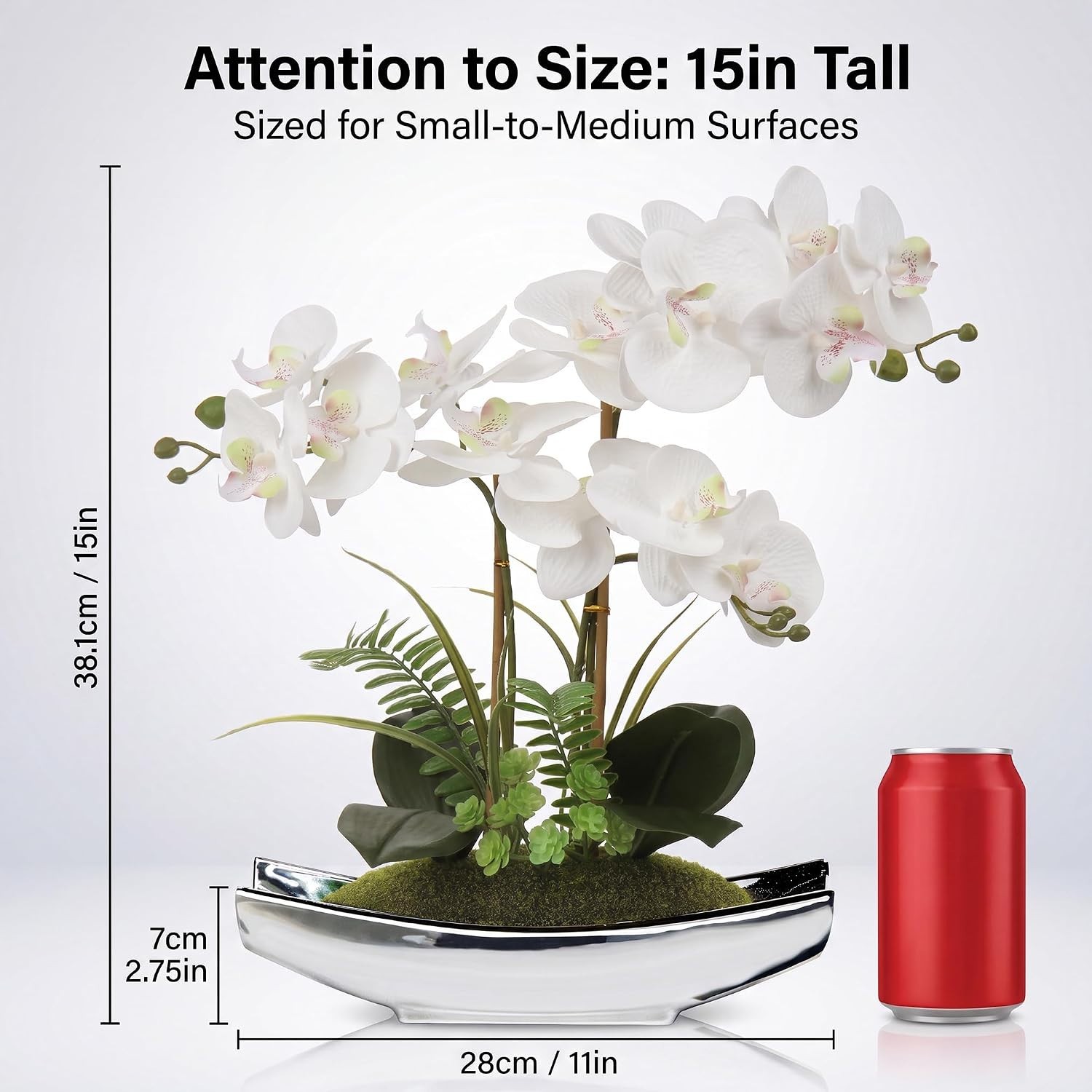 Elegant 15″ White Faux Orchid Arrangement in Silver Boat Pot | Centerpiece