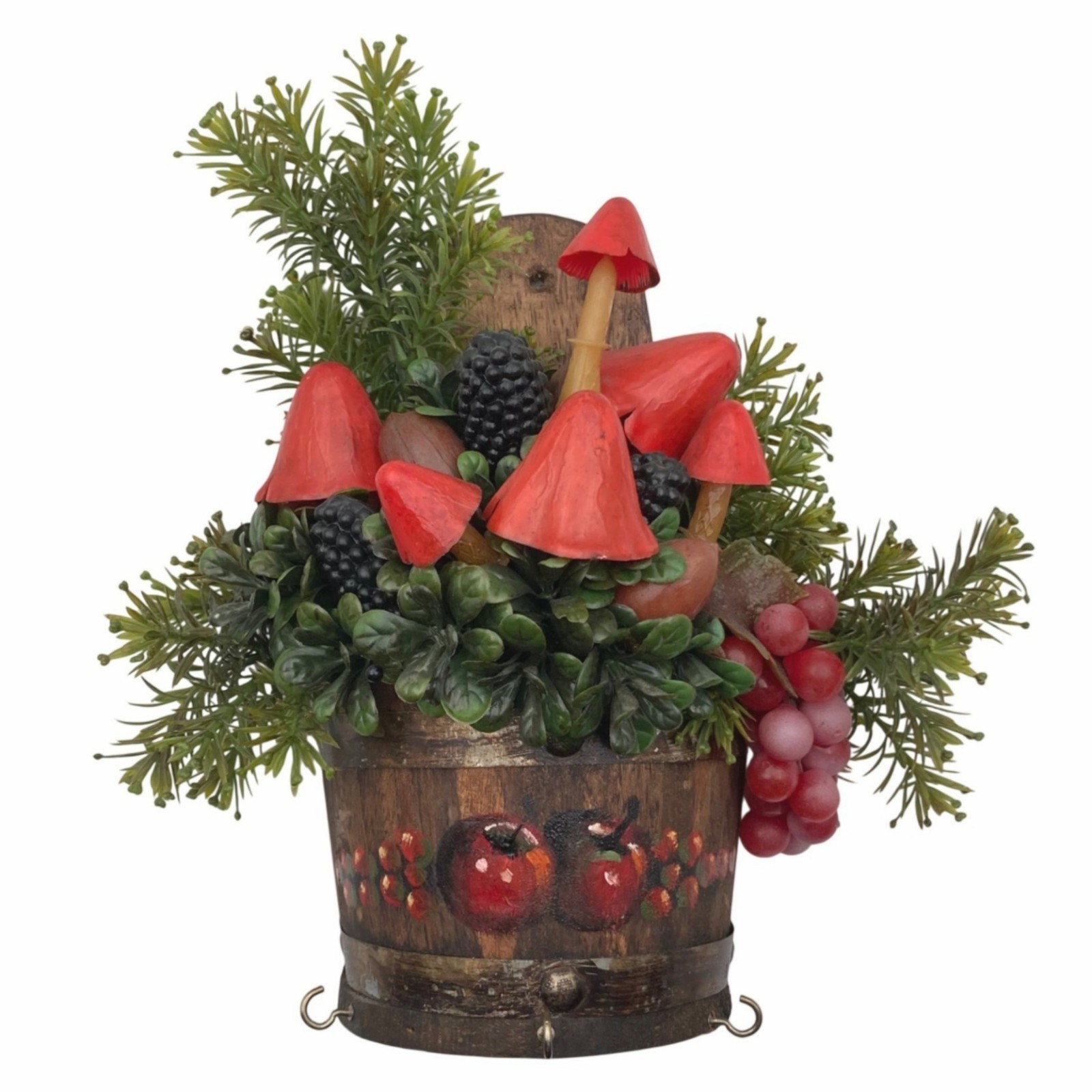Vintage KIM ORIGINALS Faux Floral Arrangement Wall Decor Mushrooms Wood Basket