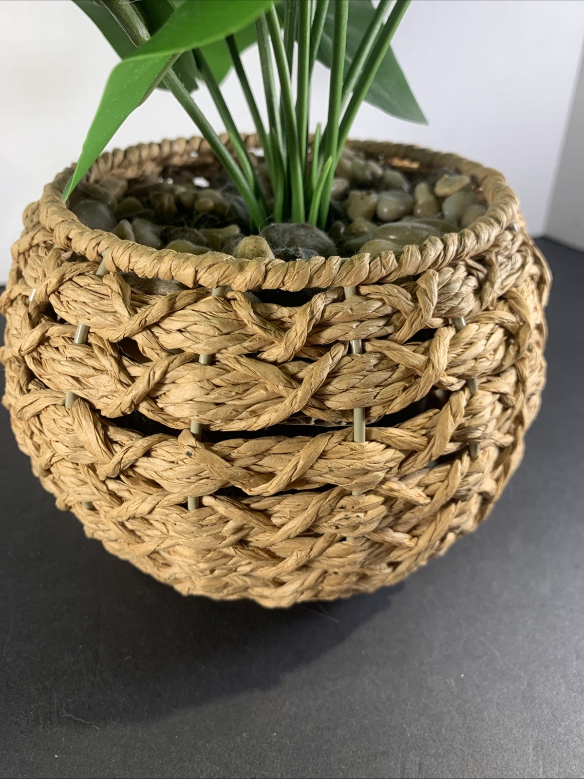 Faux Tropical Sweetheart Plant Seagrass Woven Planter Alocasia River Rock 12”