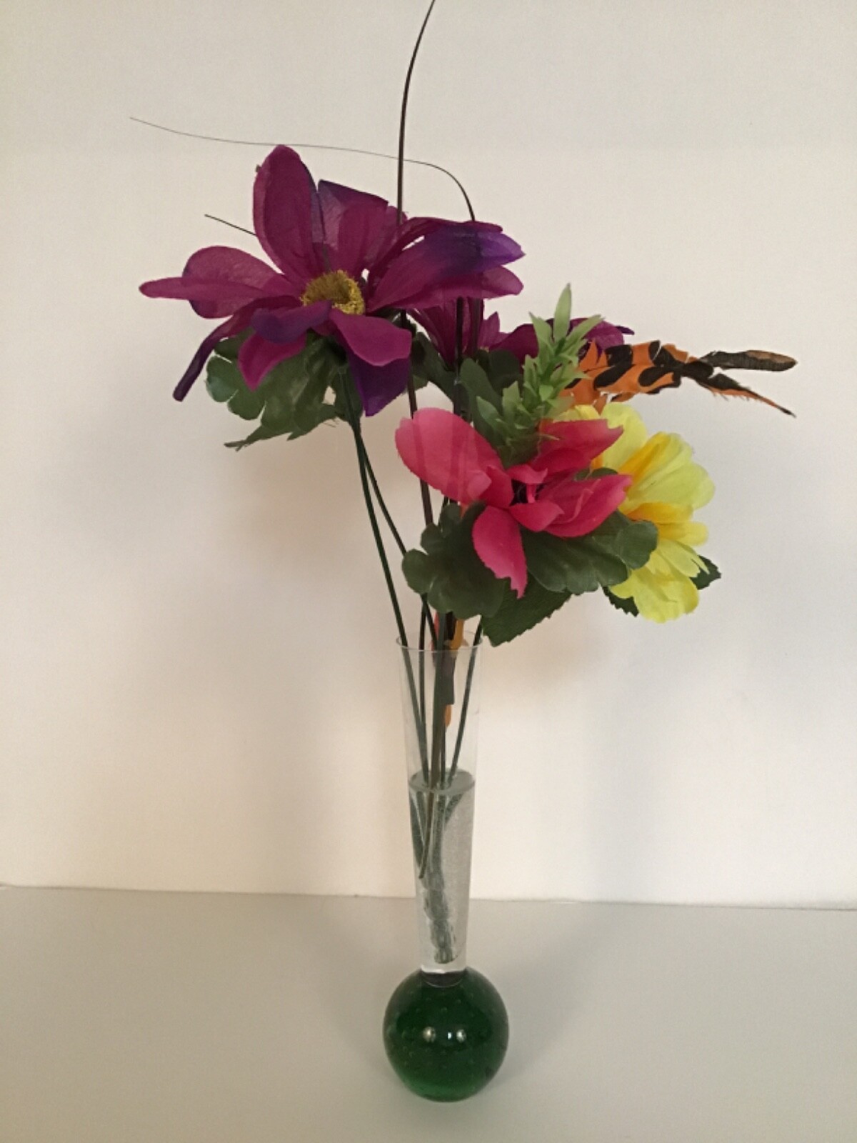 Vintage Green Solid Ball Vase Purple Yellow Flower Arrangement in Faux Water