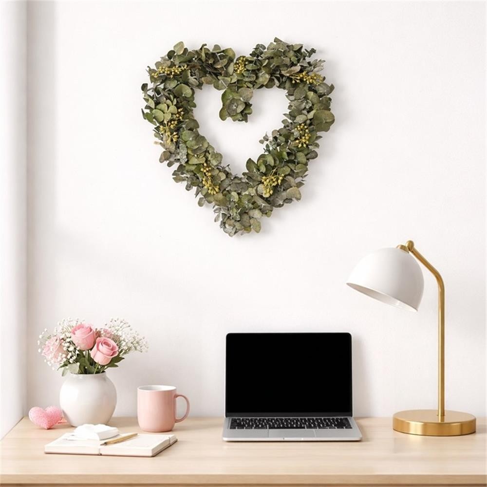 Pemberly Row Dried Preserved Valentines Day Real Green Eucalyptus Heart Wreath