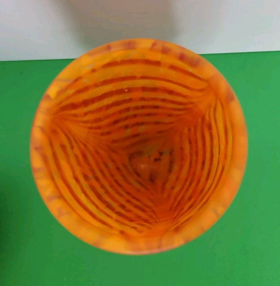 Art Glass 10.25″ x 4.5″ Vase – Orange & Red Swirled Vase With Three Feet