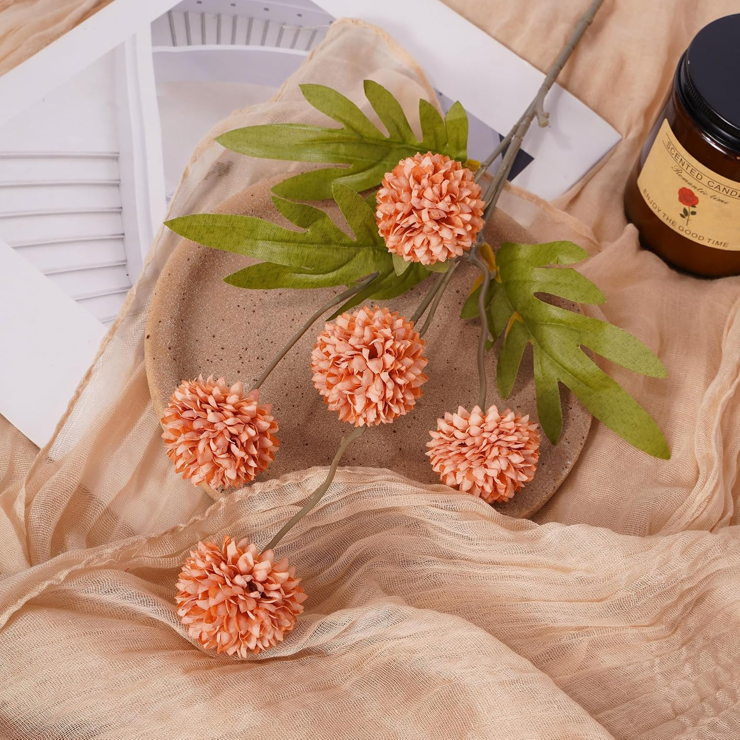 10Pc Coral Orange Silk Chrysanthemum – Faux Flowers for Home & Office Decor