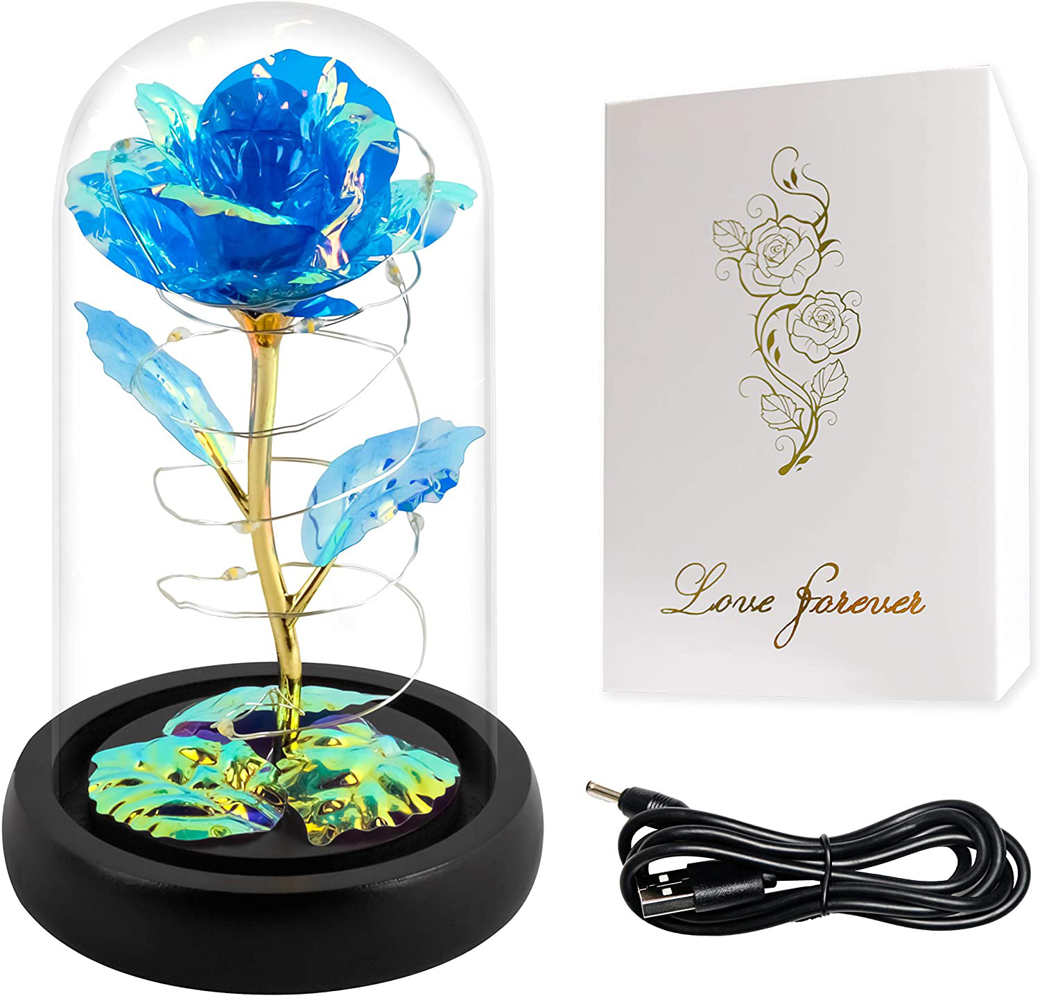 Blue Colorful Artificial Flower Rose Gift, Light up in Glass Dome, Women Gifts