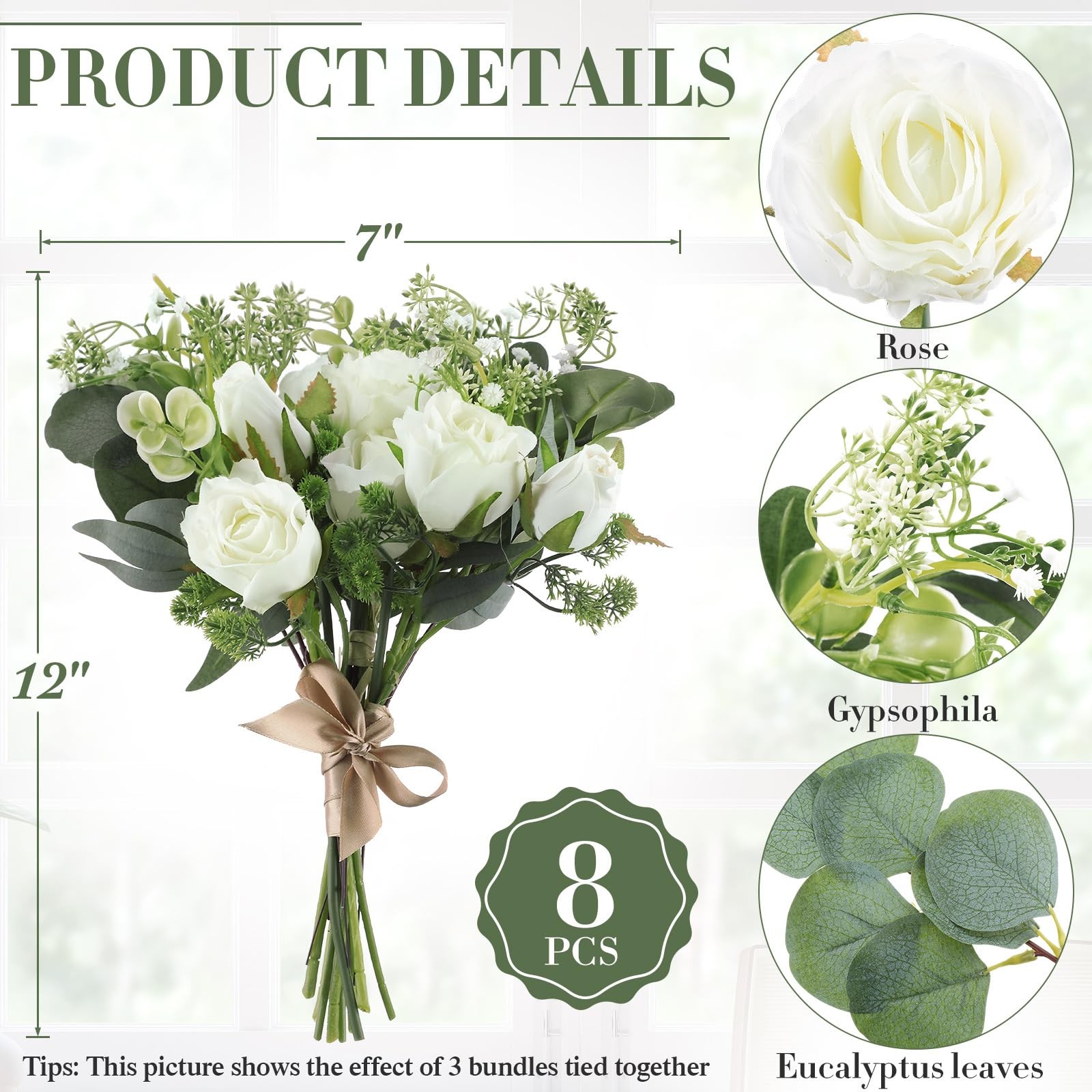 Set of 8 Bridesmaid Bouquets 7 Inch White Wedding Bouquets Faux Flowers Rusti…