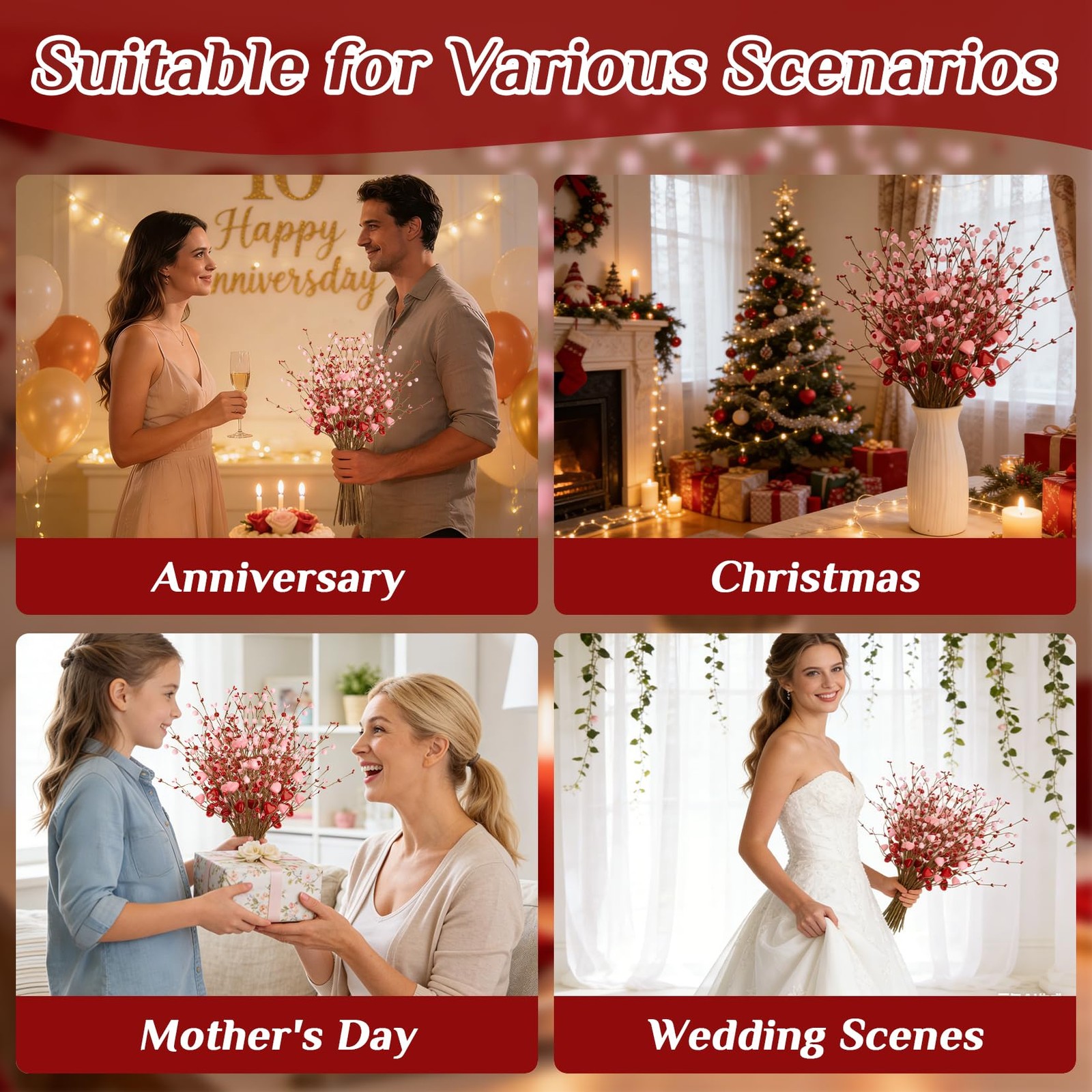 6 Pcs 16.5in Slim Valentines Day Decorations Heart Berry Stems Floral Decor