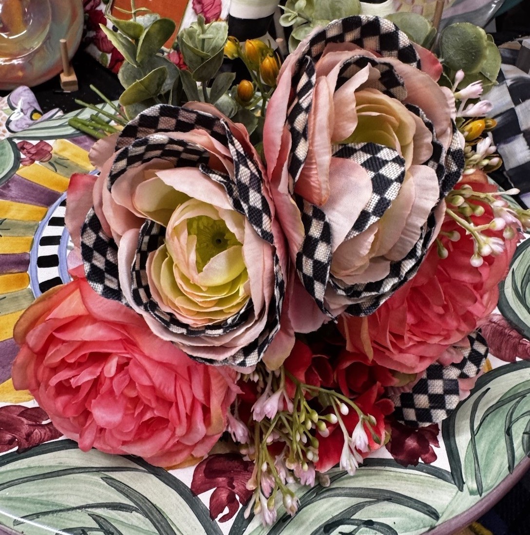 MacKENZIE CHILDS Peach Ranunculus & Rose BOUQUET courtly flowers 14″ NEW w tags