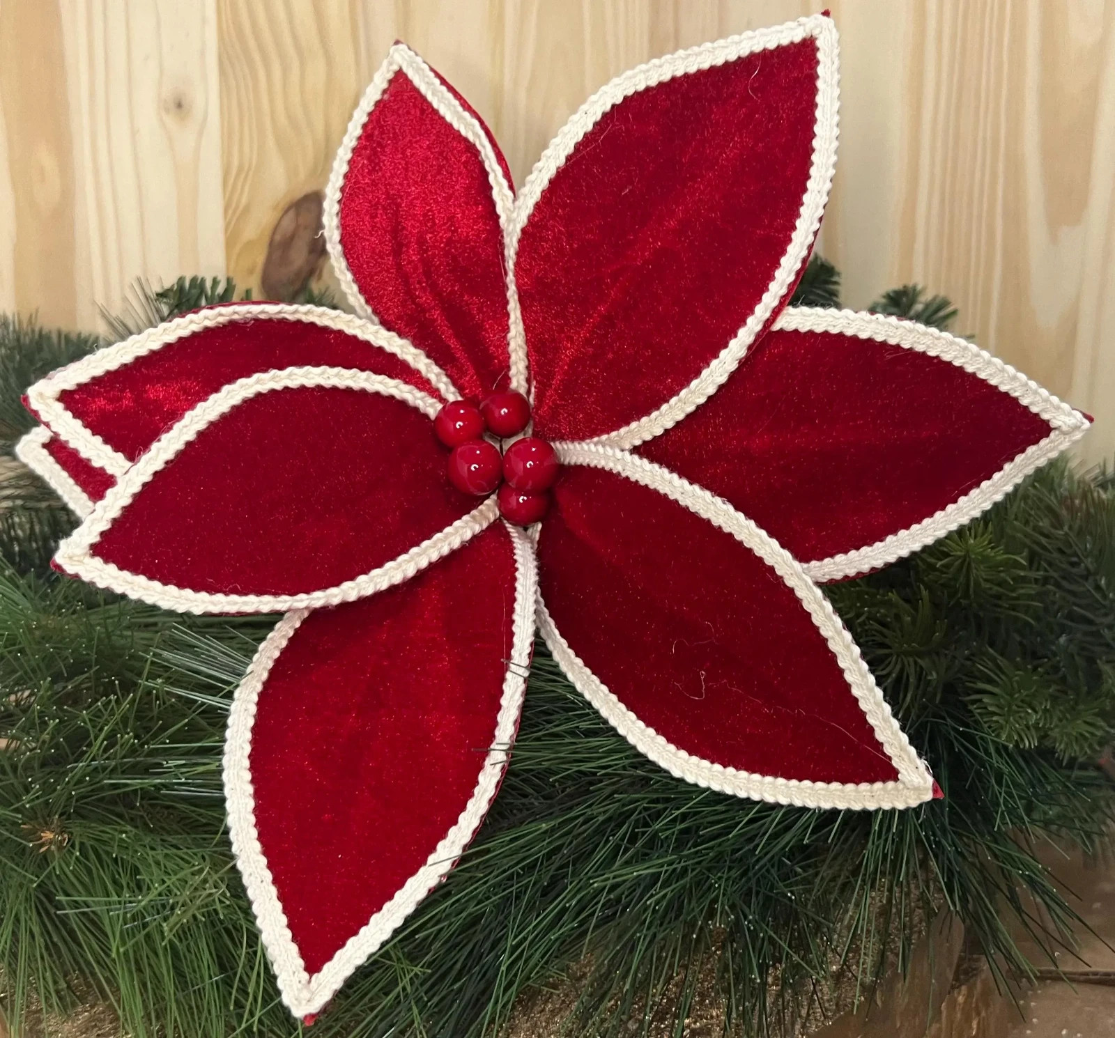 Red Velvet Natural Trim Edge Christmas Poinsettia Stem Flower Accent 24 inches