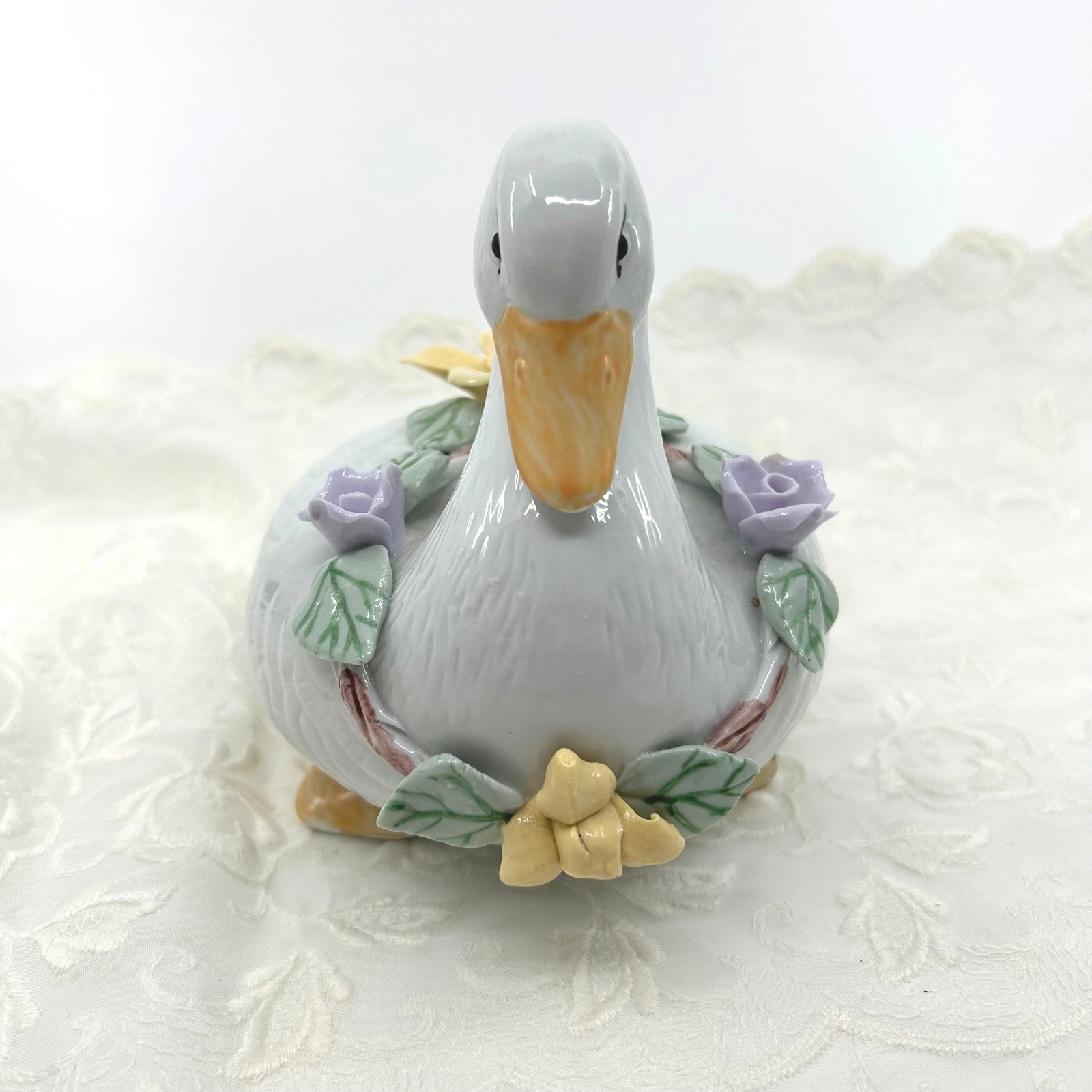 Vintage Swan Goose Figurine Floral Wreath Cottagecore Home Decor