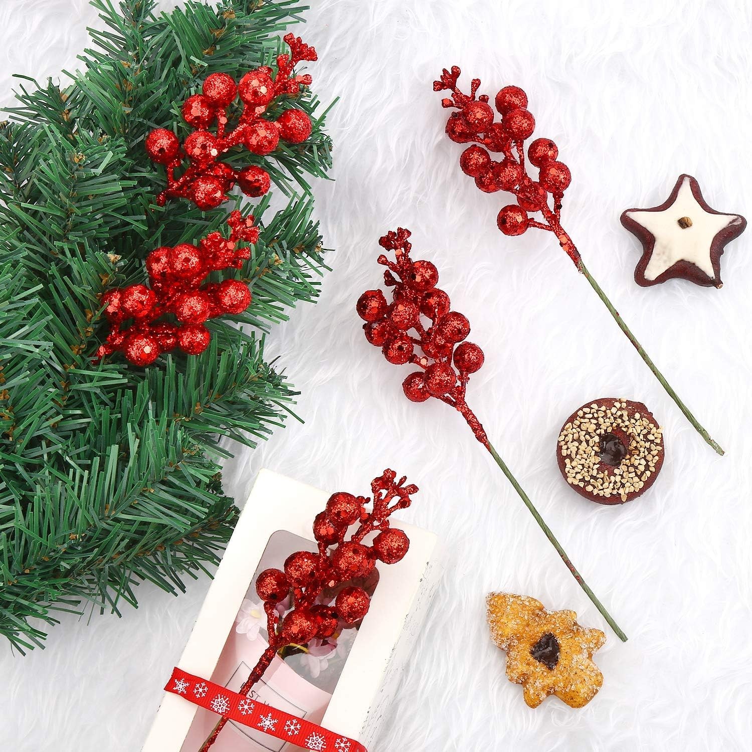 CCINEE 20pcs Glitter Christmas Red Berry Stems,7.8Inch Xmas Artificial Glitter B