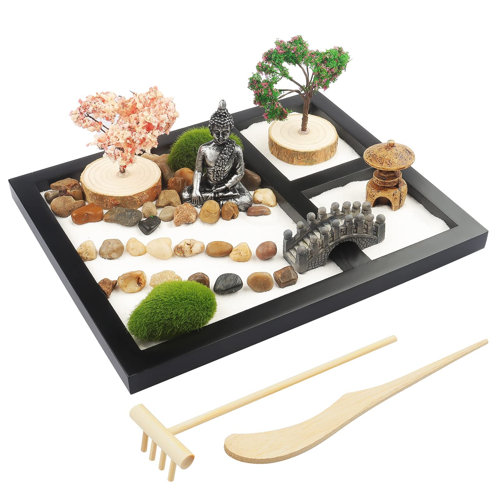 Sakura Budah Desktop Mini Zen Garden – 9″ x 7″ with White Sand, Artificial Bo…