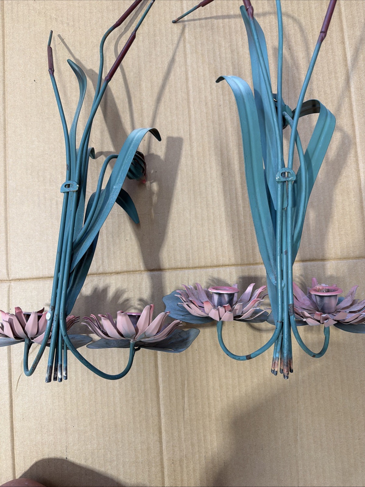 Vtg METAL CATTAIL LOTUS SCONCE & IRIS WALL ART MCM TOLEWARE 3 Pieces