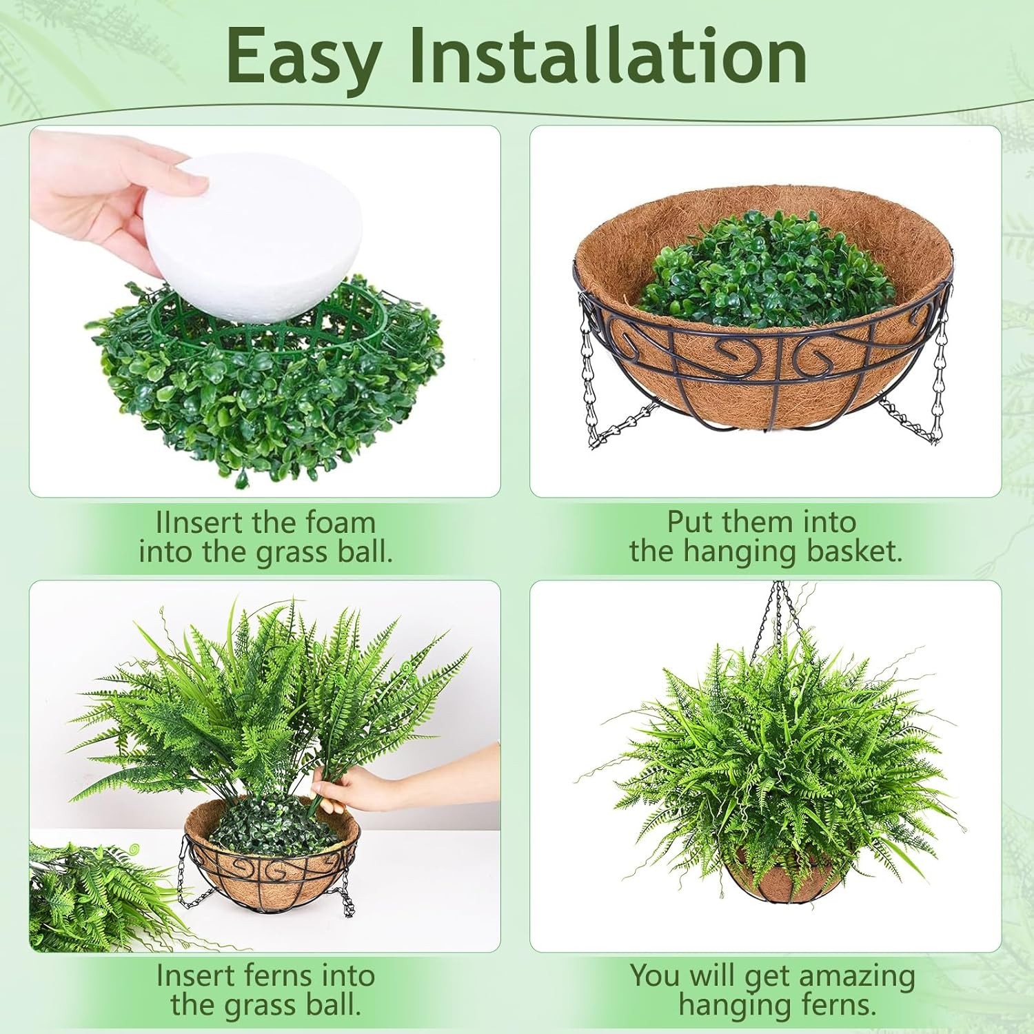 2 Pack Artificial Hanging Ferns for Outdoors, UV Resistant Fake Mixed Ferns with