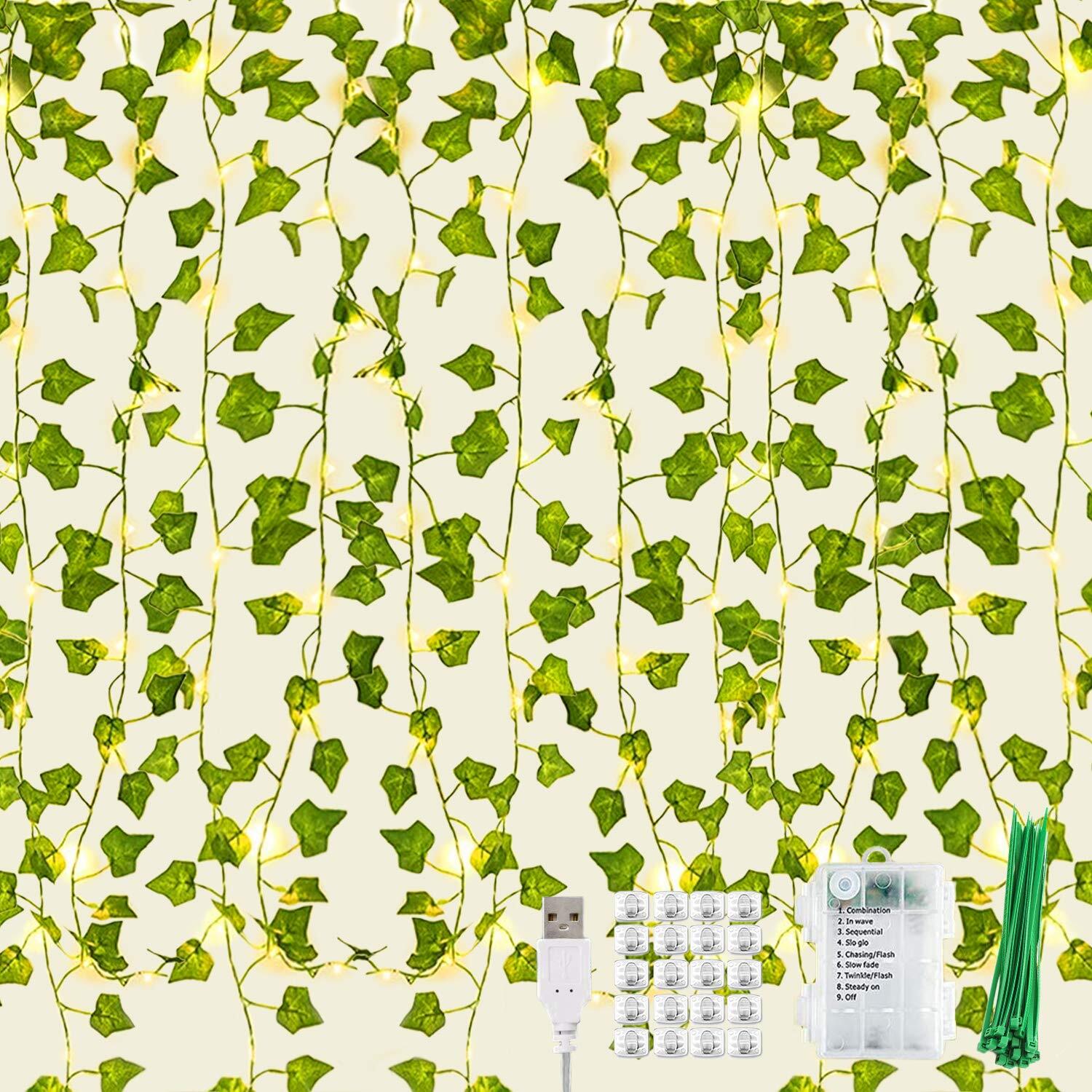 12 Pack Artificial Ivy Leaf Plant With 252 Led Fairy Window Curtain String Light