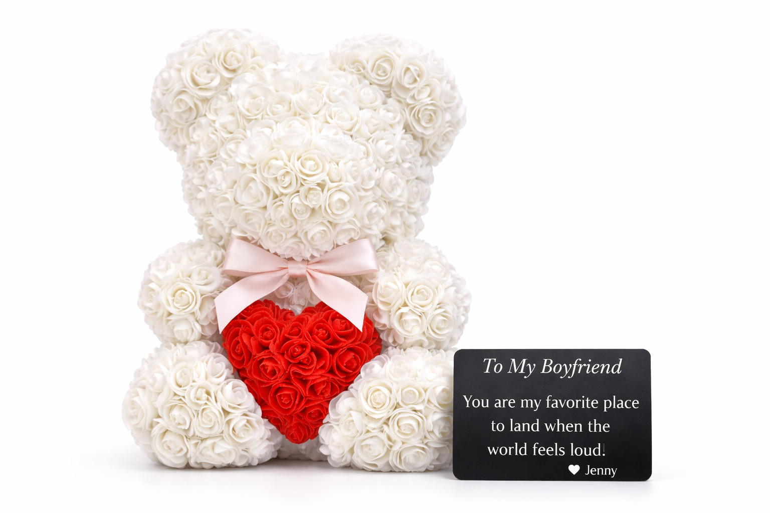 Rose Teddy Bear with Heart – Artificial Flower Bear Gift for Her, Romantic Valen