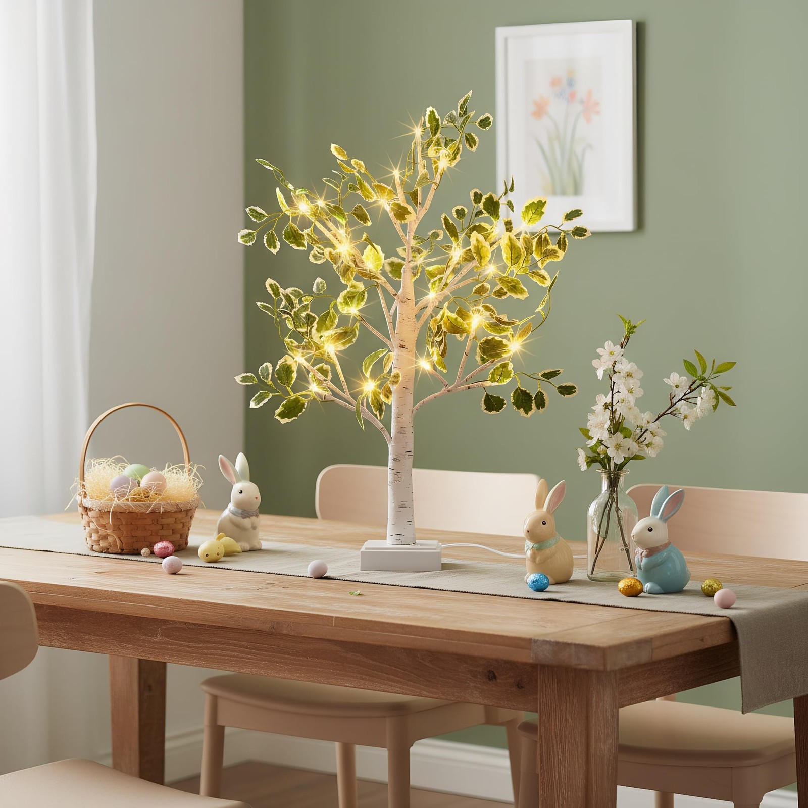 Birch Tree Lights 2 FT LED Fairy Light Green Leaves USB/Battery Tabletop Decor