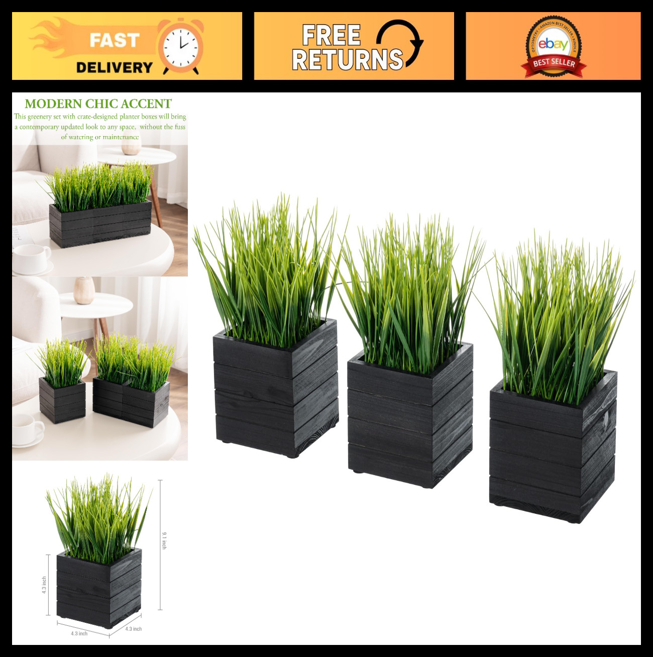 Set of 3 Faux Greenery Plants in Vintage Black Wood Planter Boxes – Decorative S