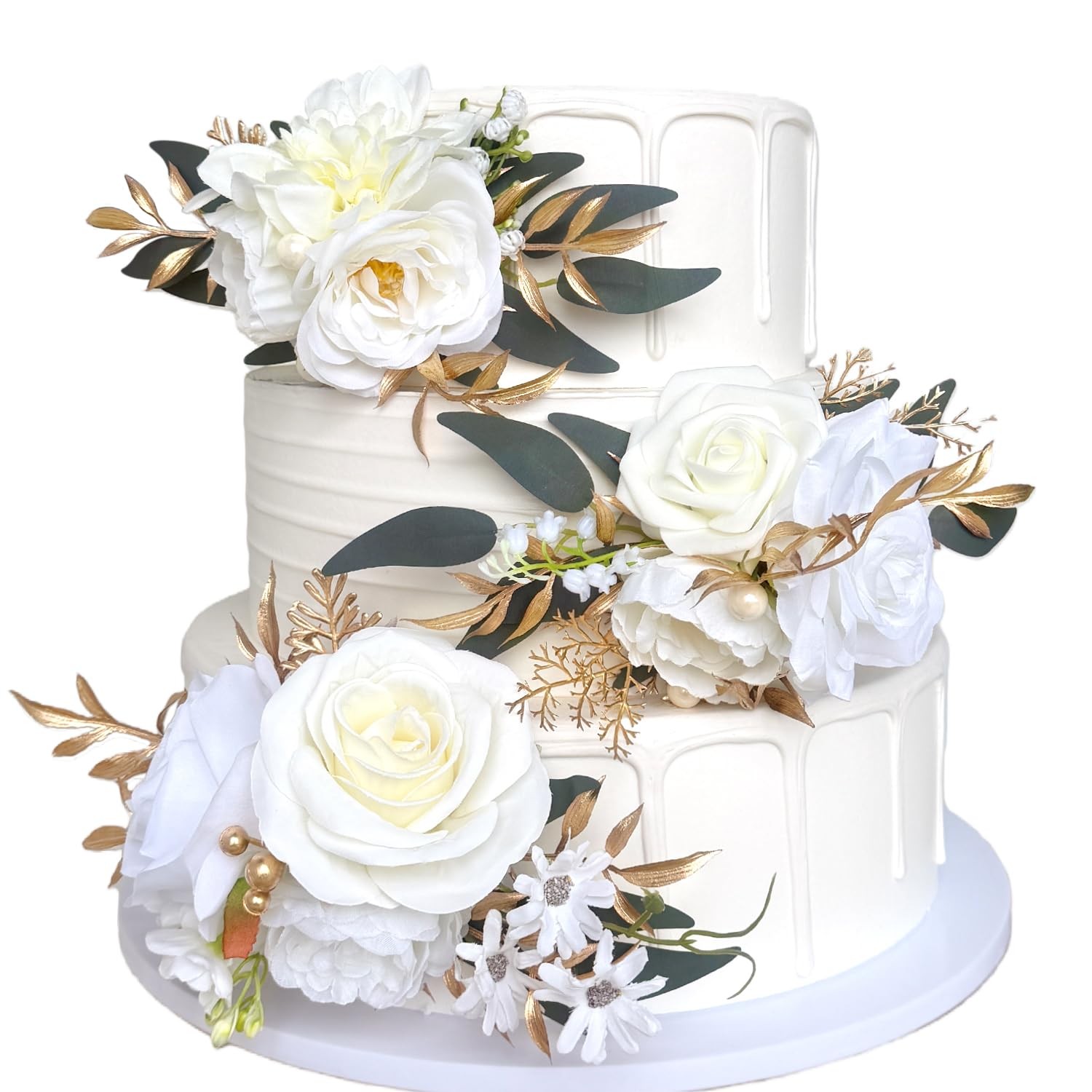 Pre-made Ivory White Gold Flower Cake Topper Decorations Artificial Flowers f…