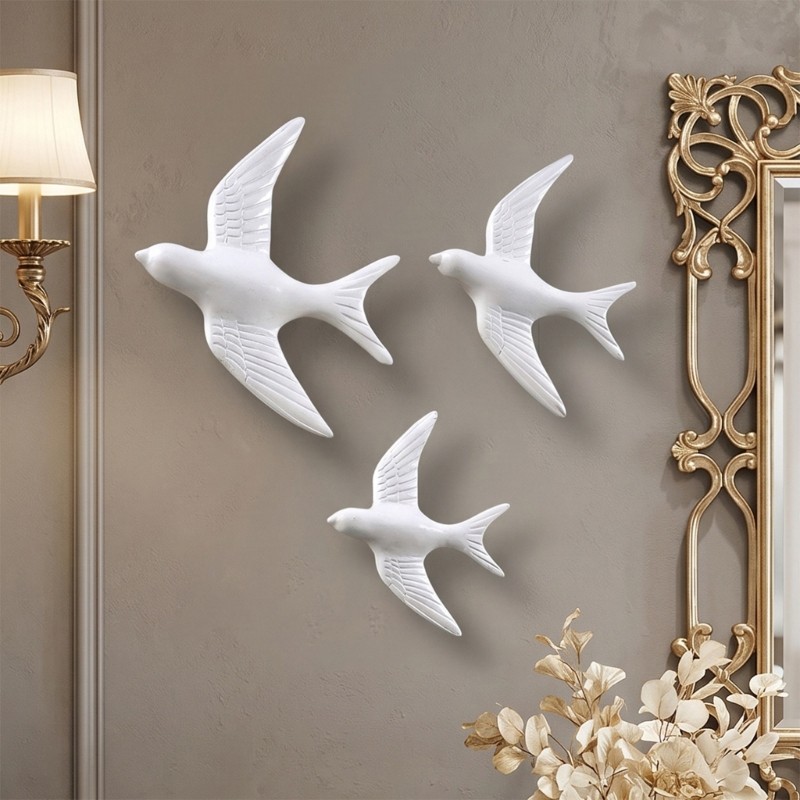 Pack of 3 White Bird Wall Set with 3 Mixed Size Birds for Indoor Wall Use