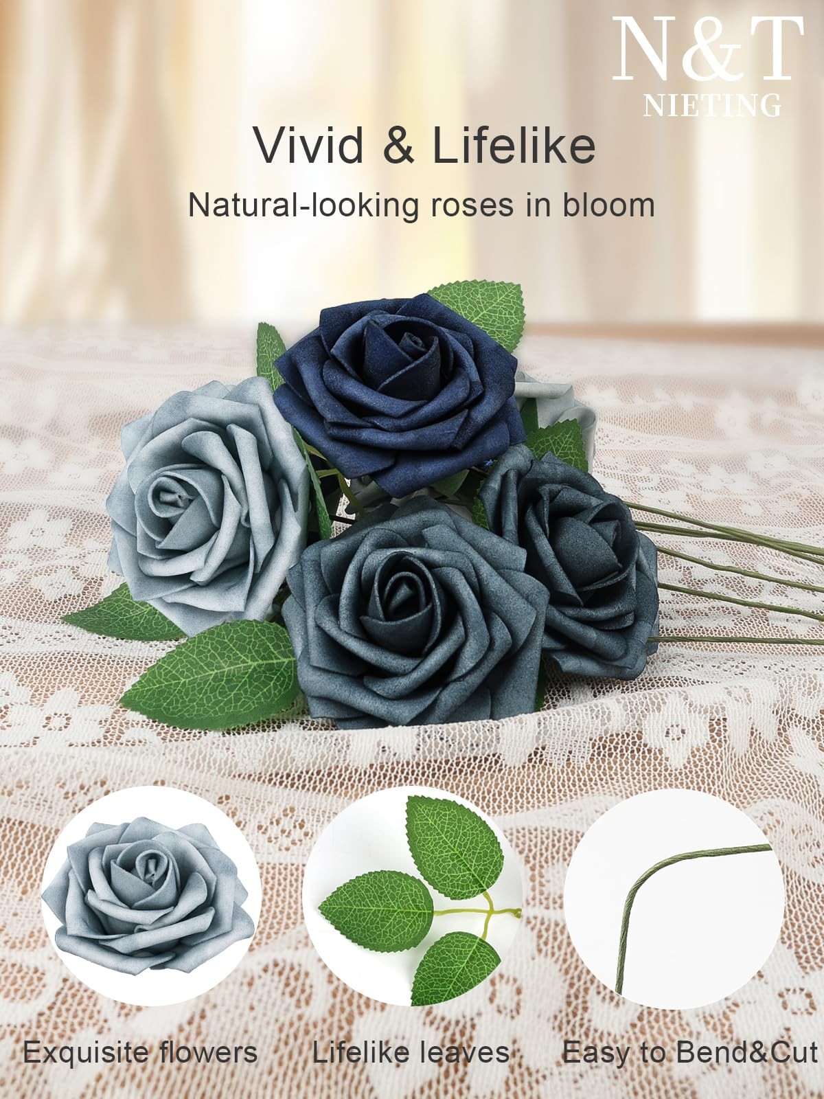 25 PCS Fake Roses Artificial Flowers Dusty Blue Shades Navy Blue Decoration
